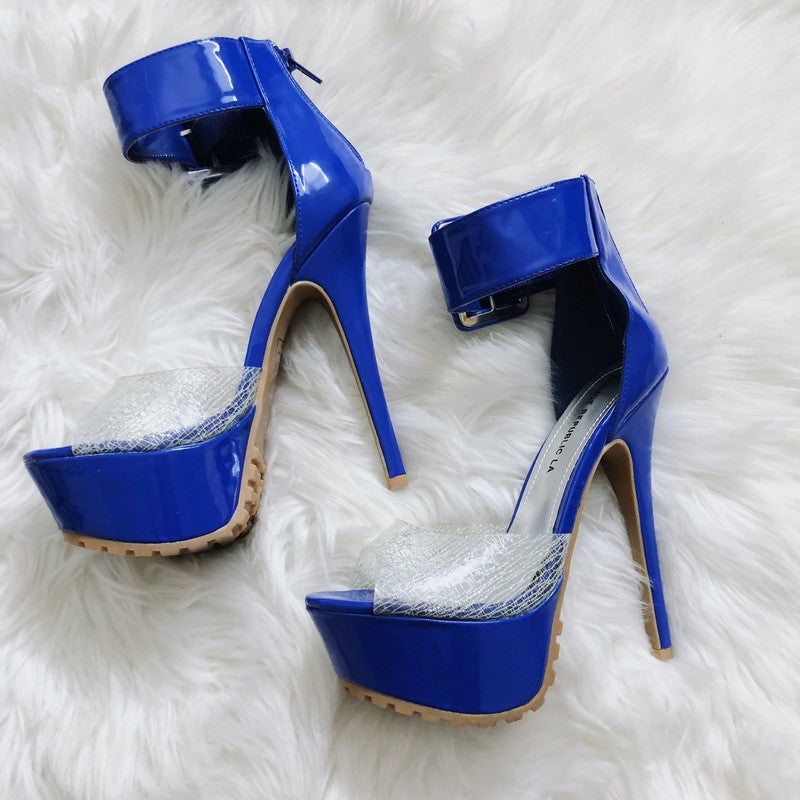 Blue High Heel Clear Sandal Platforms