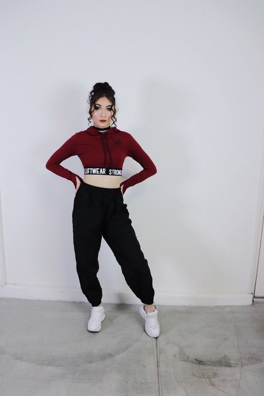 Burgundy Strong Lift-Wear Long Sleeve Hooded Crop