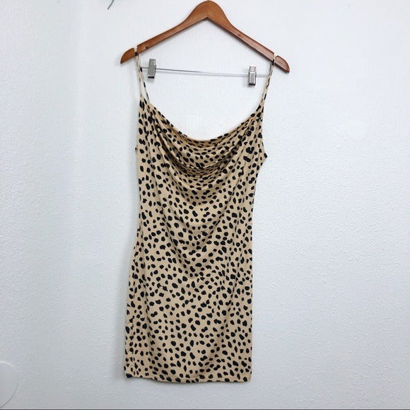 Brown & Black Cheetah Cowl Neck Spaghetti Strap Stretchy Dress