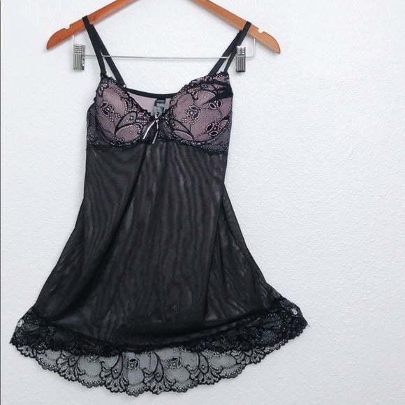 Lavender and Black Floral Lace Mesh Lingerie Slip Dress