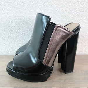 Black & Pink Leila Stone Slip On Chunky High Heel Platform Peep Toe Mule Shoes