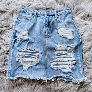 Blue Distressed Frayed Hem Jean Skirt