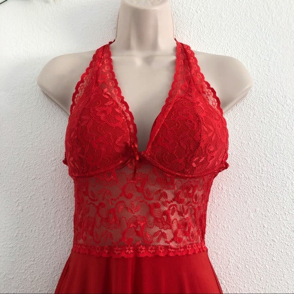 Red Lace Open Back Floral Flowy Racer Back Stretchy Cocktail Party Dress