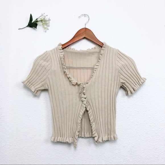 CREAM CROPPED LETTUCE HEM STRETCHY V NECK SHORT SLEEVE CARDIGAN 90s TOP