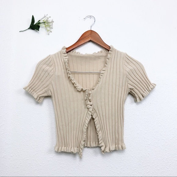 CREAM CROPPED LETTUCE HEM STRETCHY V NECK SHORT SLEEVE CARDIGAN 90s TOP