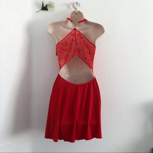 Red Lace Open Back Floral Flowy Racer Back Stretchy Cocktail Party Dress