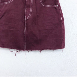 Maroon Contrast Lace Stitching Distressed HemSkirt