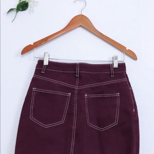 Maroon Contrast Lace Stitching Distressed HemSkirt