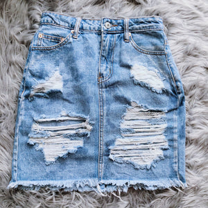 Blue Distressed Frayed Hem Jean Skirt