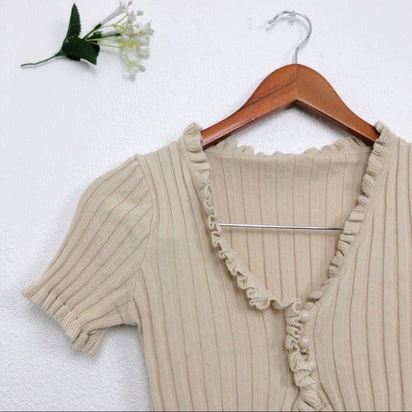 CREAM CROPPED LETTUCE HEM STRETCHY V NECK SHORT SLEEVE CARDIGAN 90s TOP