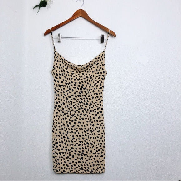 Brown & Black Cheetah Cowl Neck Spaghetti Strap Stretchy Dress