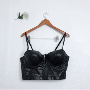 BLACK FAUX LEATHER UNDERWIRE CROPPED CORSET TOP