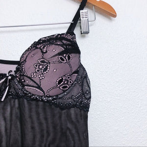 Lavender and Black Floral Lace Mesh Lingerie Slip Dress