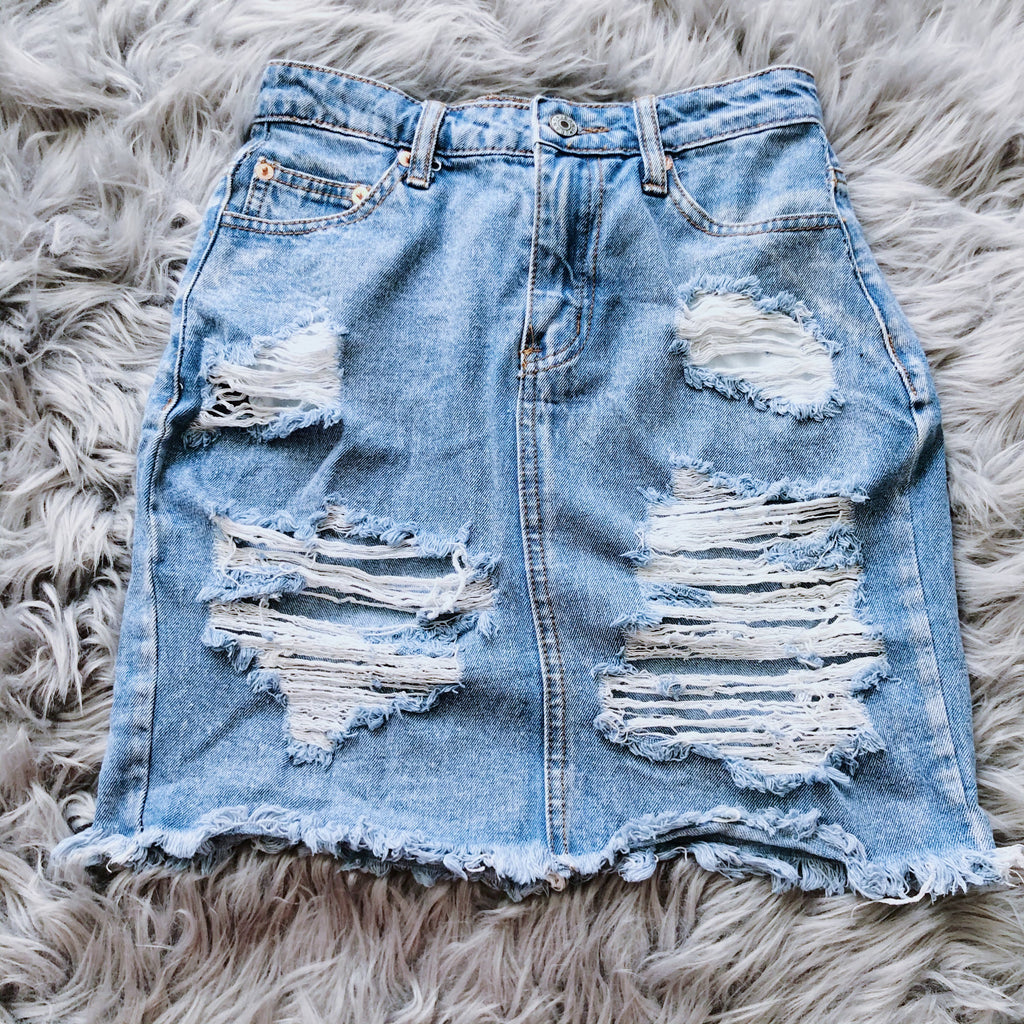 Blue Distressed Frayed Hem Jean Skirt