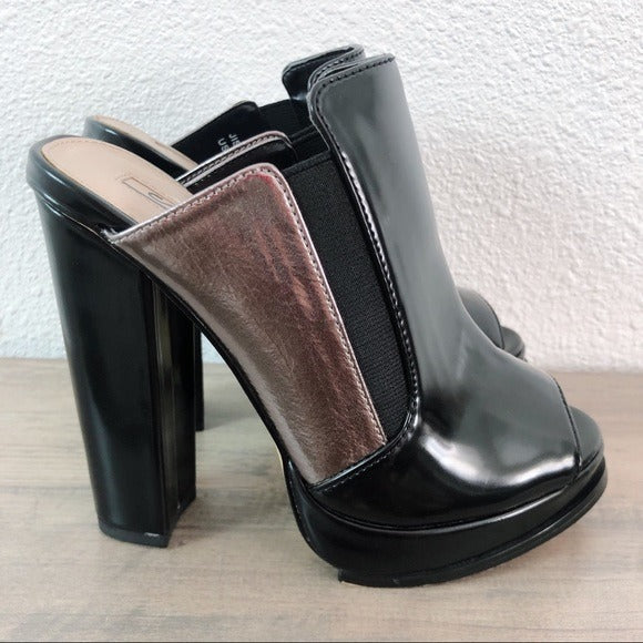 Black & Pink Leila Stone Slip On Chunky High Heel Platform Peep Toe Mule Shoes