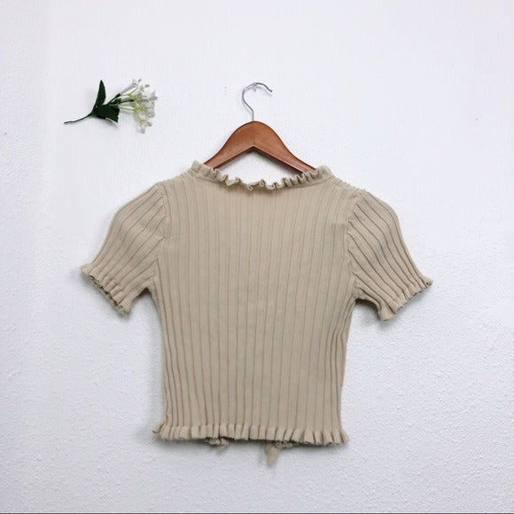 CREAM CROPPED LETTUCE HEM STRETCHY V NECK SHORT SLEEVE CARDIGAN 90s TOP