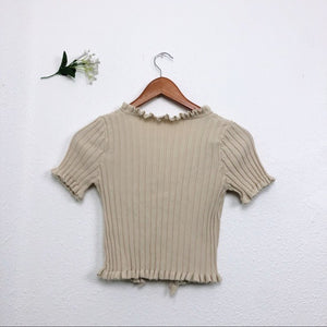 CREAM CROPPED LETTUCE HEM STRETCHY V NECK SHORT SLEEVE CARDIGAN 90s TOP