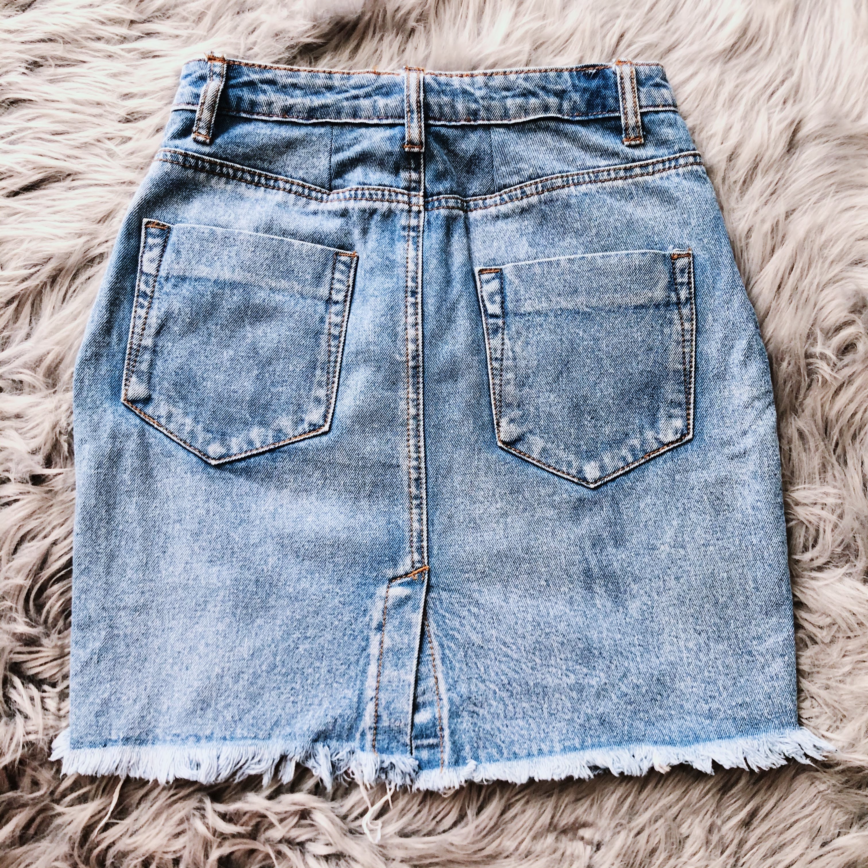 Blue Distressed Frayed Hem Jean Skirt