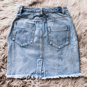 Blue Distressed Frayed Hem Jean Skirt