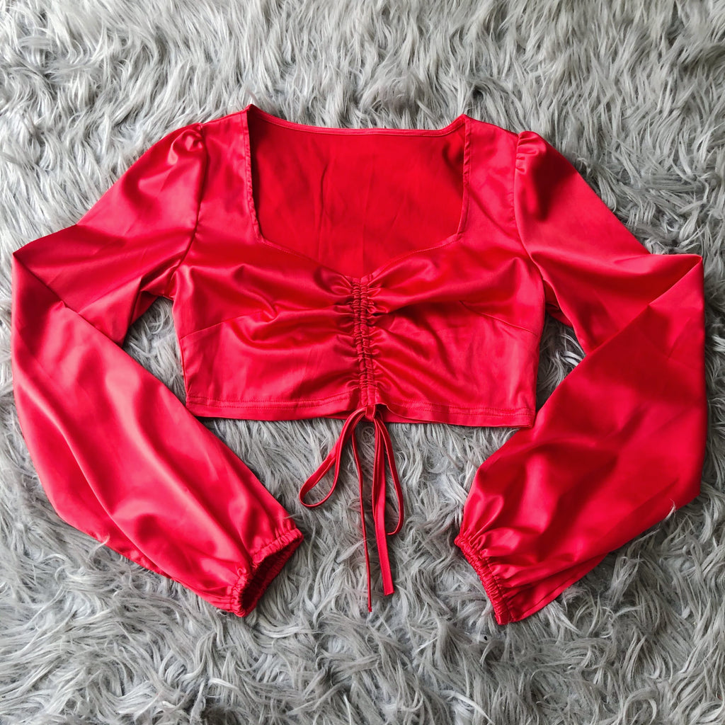 Real Love Red Satin Puffed Sleeve Crop Top