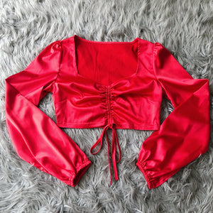 Real Love Red Satin Puffed Sleeve Crop Top