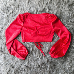 Real Love Red Satin Puffed Sleeve Crop Top