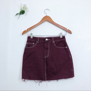 Maroon Contrast Lace Stitching Distressed HemSkirt