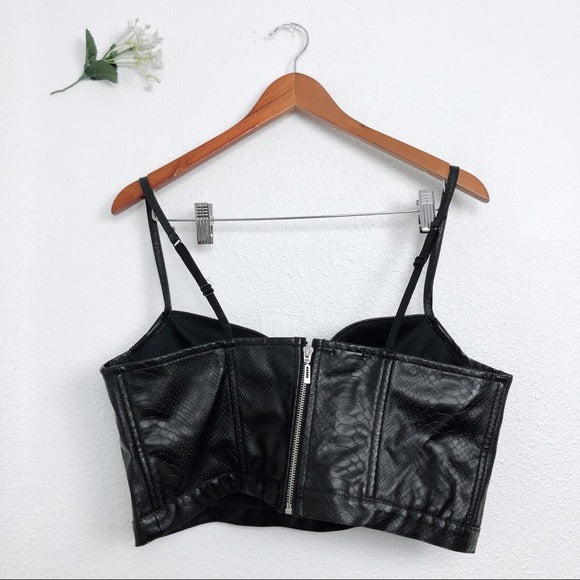 BLACK FAUX LEATHER UNDERWIRE CROPPED CORSET TOP