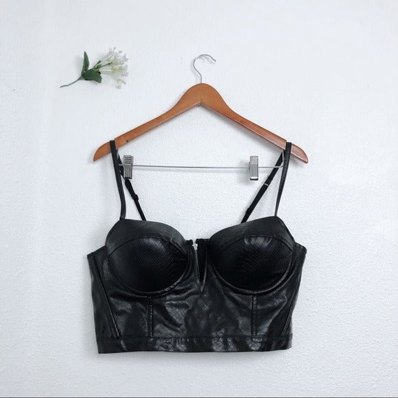 BLACK FAUX LEATHER UNDERWIRE CROPPED CORSET TOP