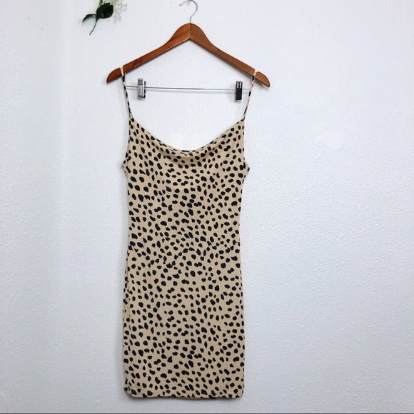 Brown & Black Cheetah Cowl Neck Spaghetti Strap Stretchy Dress