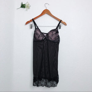 Lavender and Black Floral Lace Mesh Lingerie Slip Dress