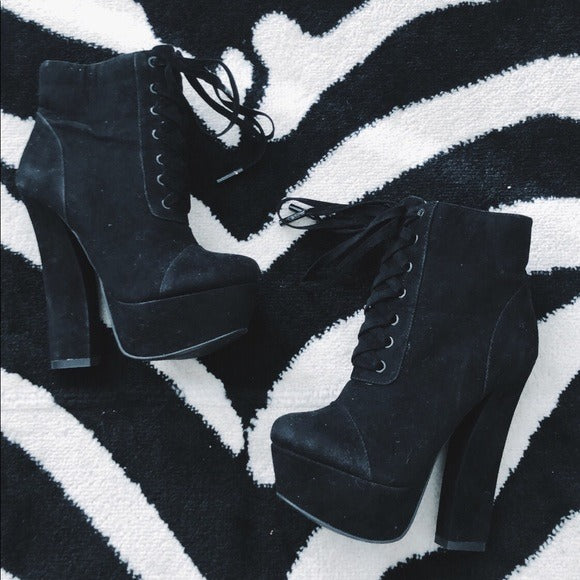 Black Lace Up Chunky Platform Bootie Heels