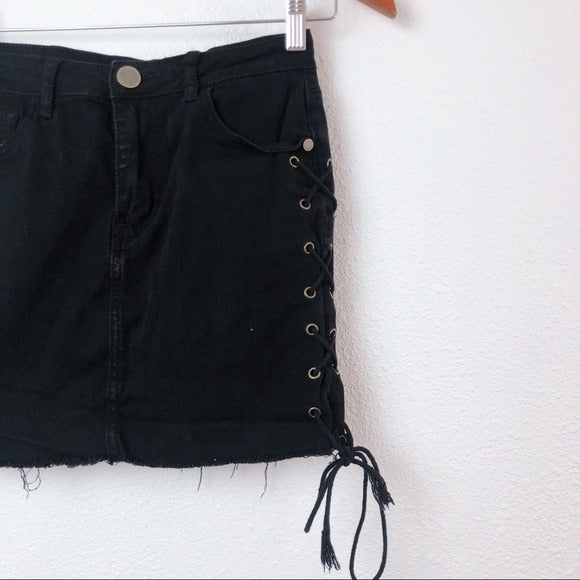 Black Windsor Frayed Hem Tie Up Mini Skirt