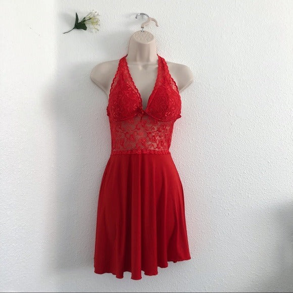 Red Lace Open Back Floral Flowy Racer Back Stretchy Cocktail Party Dress