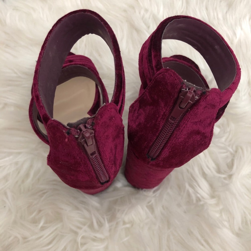 Burgundy Chunky Strap Open Toe Heels