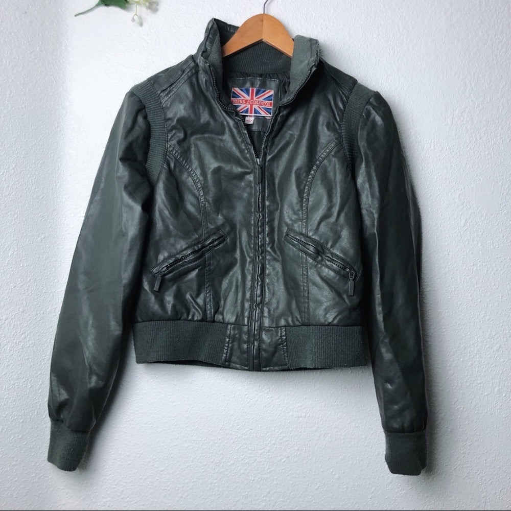 Miss London Faux Leather Gray Zip Up Jacket