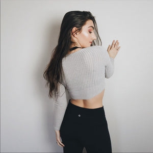 Grey Long Sleeve Lace Up Crop