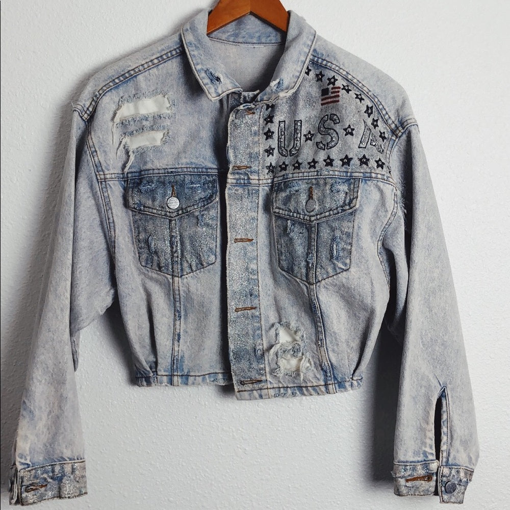 Vintage Light Denim Distressed USA Cropped Jean Jacket