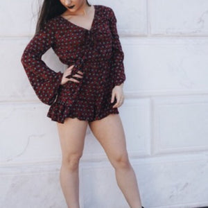 Boho Maroon Batwing Flowy Long Sleeve Short Romper