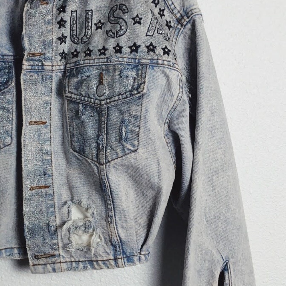 Vintage Light Denim Distressed USA Cropped Jean Jacket