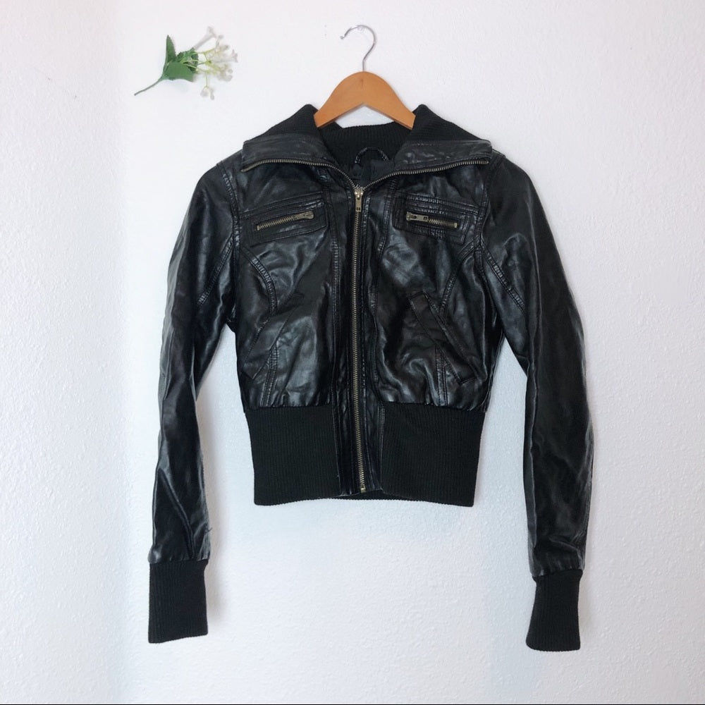 Black Faux Leather Winter Zip Up Jacket