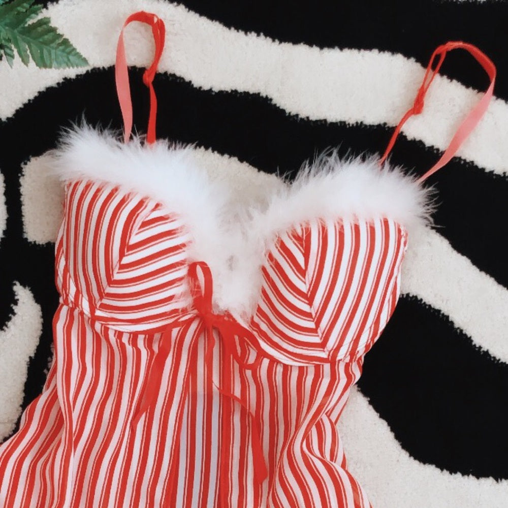 Red & White Christmas Candy Kane Striped Boa Trimmed Babydoll Holiday Slip Dress