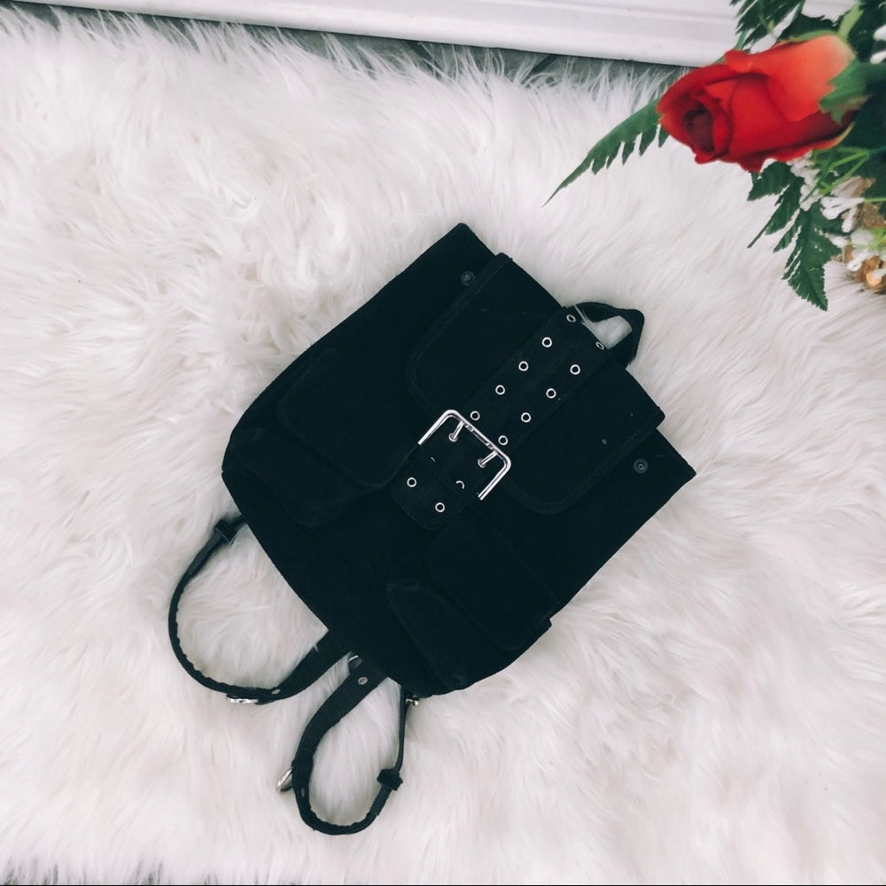 Coachella Black O Ring Soft Suede Backpack