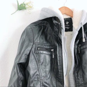 Black and Gray Hooded Faux Leather Zip Up Jacket