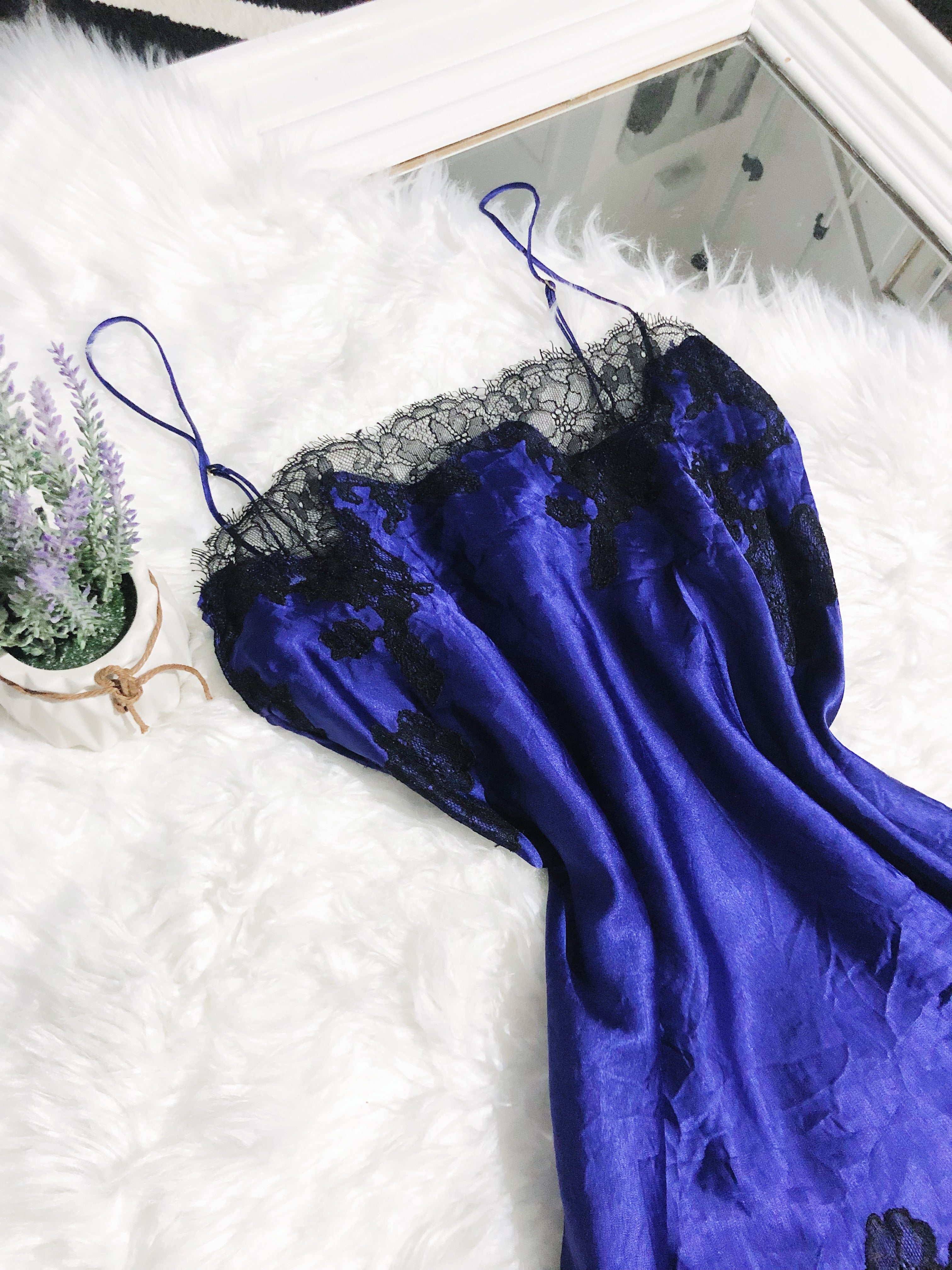 Victoria’s Secret Blueberry And Black Lace Trim Slip Dress