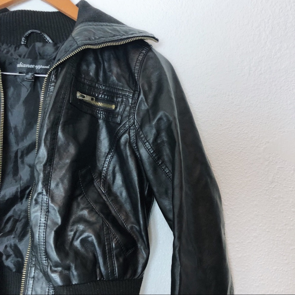 Black Faux Leather Winter Zip Up Jacket