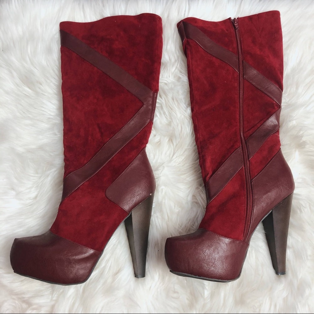 Soft Red Velvet Calf High Heeled Boots