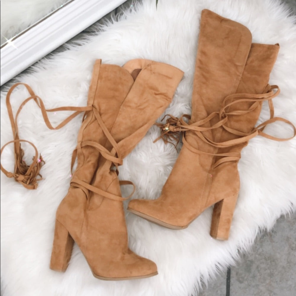 Light Tan Brown Calf High Heeled Boots