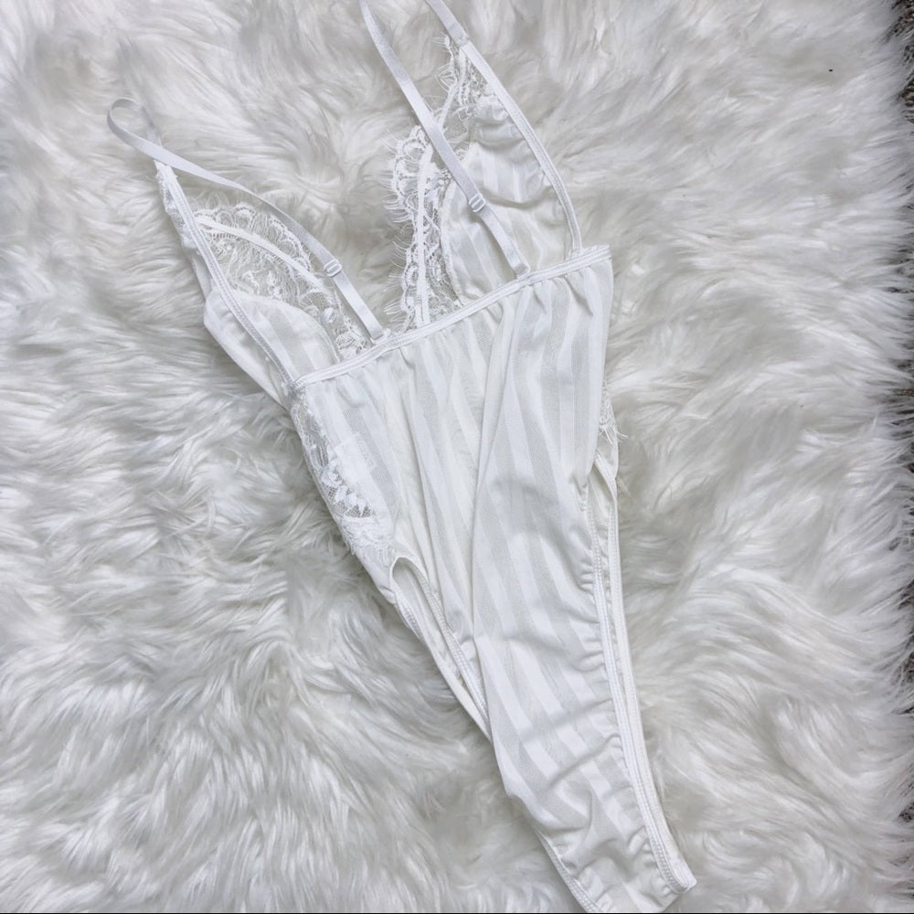 White Pinstripe Eyelash Detailed Bodysuit