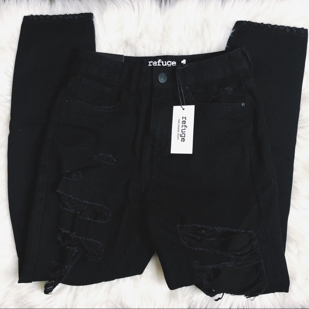 Refuge Black Distressed Denim Mom Pants